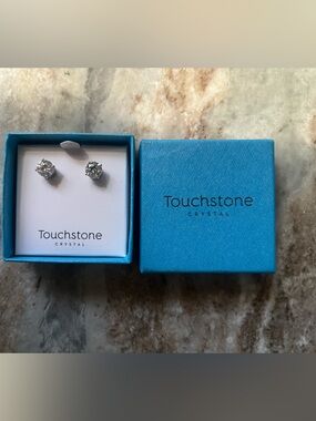 Touchstone Crystal Silver Clear Crystal Stud Earrings in Blue Box